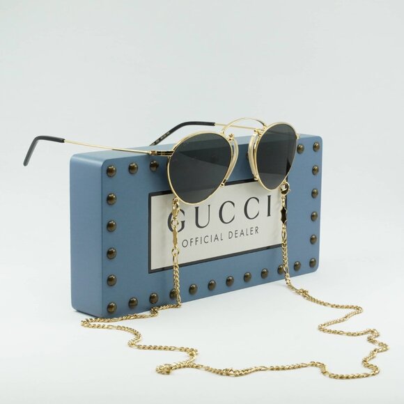 Gucci GG1034S 002 Geometric Sunglasses - Gold with Chain/Grey - Picture 1 of 10